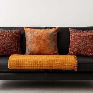 Bohemian Vintage Pillow Covers and throw. Color: Rust, Burnt Orange, Caramel.